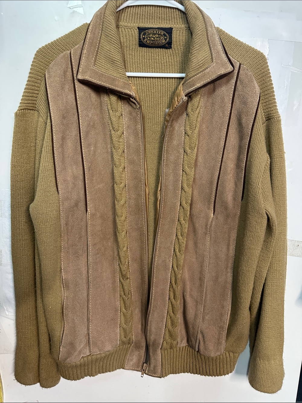 Weatherproof Olive tan Knit Sweater Jacket with Tan Suede Panels size XL